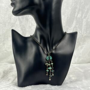 Dangle Pendant Necklace Turquoise Stone Beads Antique Brass Chain Lobster Clasp